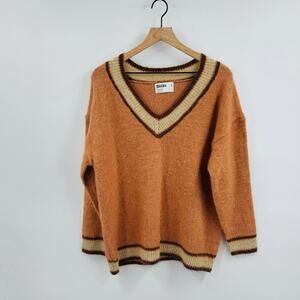 Rita Ora x Primark Tan V-Neck Striped Trim Fuzzy Knit Sweater Size Small